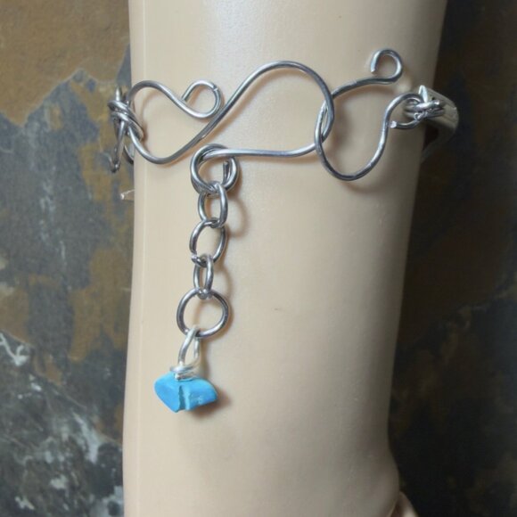Handcrafted Silver Fork Cuff Bracelet W Stainless Steel Links & Turquoise Charm - Picture 10 of 15
